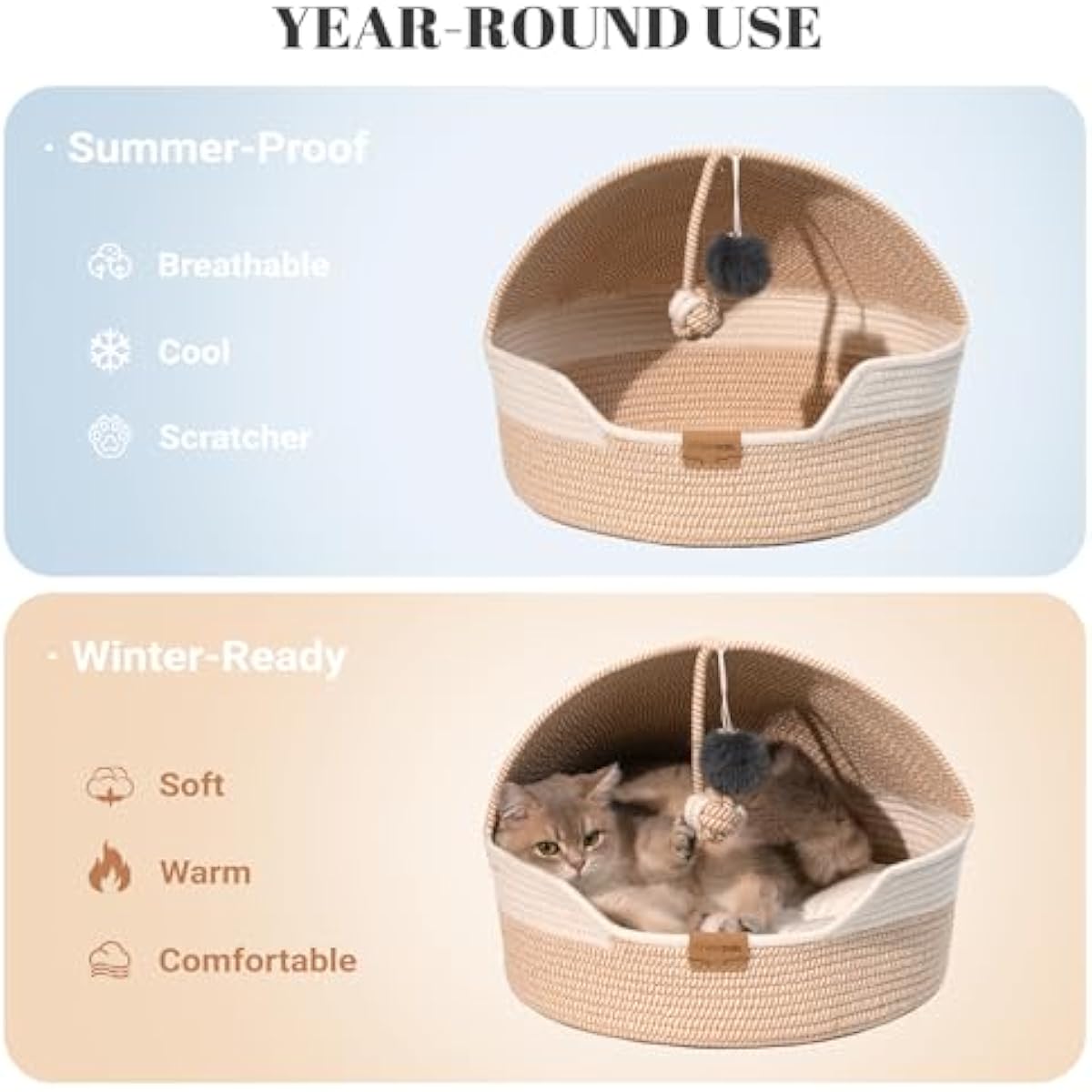 CHEERPALS Cat Basket Bed for Indoor Cats, Covered Pet Bed with Washable Cushion and Ball Rope Cotton Bed for Medium and Large Cat, All Season Universal(White)