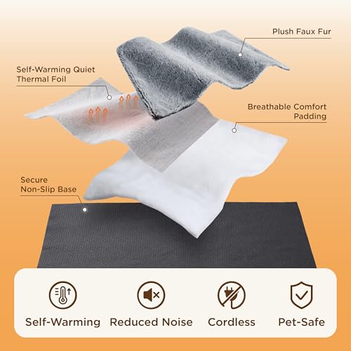 Bedsure Self Warming Cat Bed, Extra Warm Self Heating Mat for Cats & Dogs Non Electric, Anti-Slip Small Thermal Pet Pad Indoor with Removable Washable Cover, 24" x 18",Grey