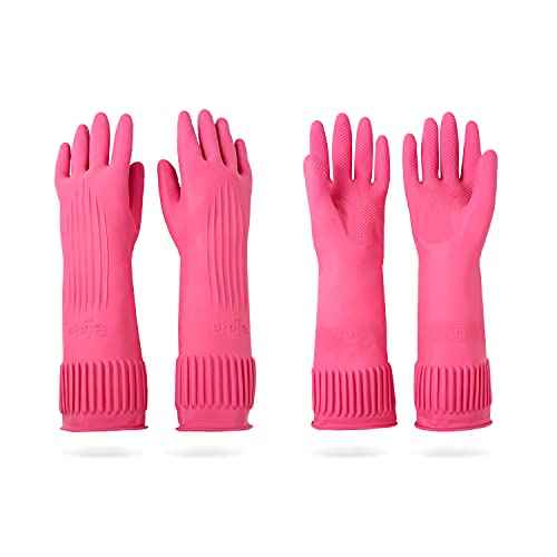 Mamison 2 Pairs Reusable Waterproof Dishwashing Gloves - Non-Slip Kitchen Cleaning Gloves (Pink, Medium)