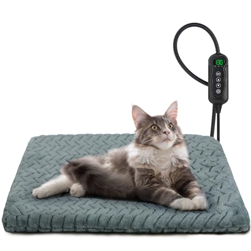 GASUR Heated Cat Bed, Waterproof Cat Heating Pad with Timer Temperature Adjustable, Indoor Heated Electric Pet Bed for Cats Dogs, Auto Power-Off, Anti-bite Pet Heated Pad, 18''x16'', Small