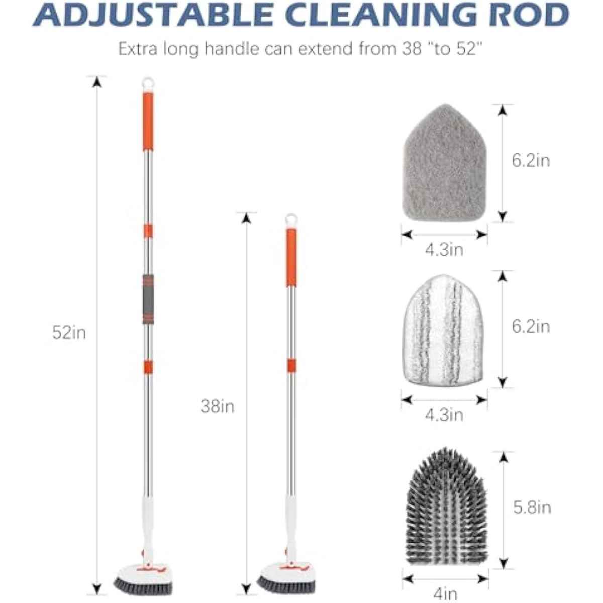 SetSail Floor Scrub Brush, 3-In-1 Tile Tub Floor Scrubber with 52-inch Adjustable Long Handle Shower Cleaner and 3 Detachable Replacement Brush Heads for Cleaning Bathroom Kitchen Walls Tub Tile
