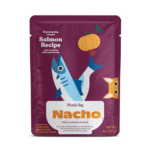 Made by Nacho Wet Cat Food, Cuts in Gravy, Sustainably-Caught Salmon with Bone Broth for Extra Hydration, (12) 3 oz. Pouches, Limited Ingredients