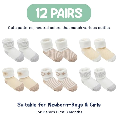 Mother's Choice Organic Cotton Baby Socks Infant 0-6 Months - 12 pairs Soft, Cozy, and Gentle Newborn Socks for Girls & Boys, Perfect Baby Registry for Everyday Wear, and Infant Comfort