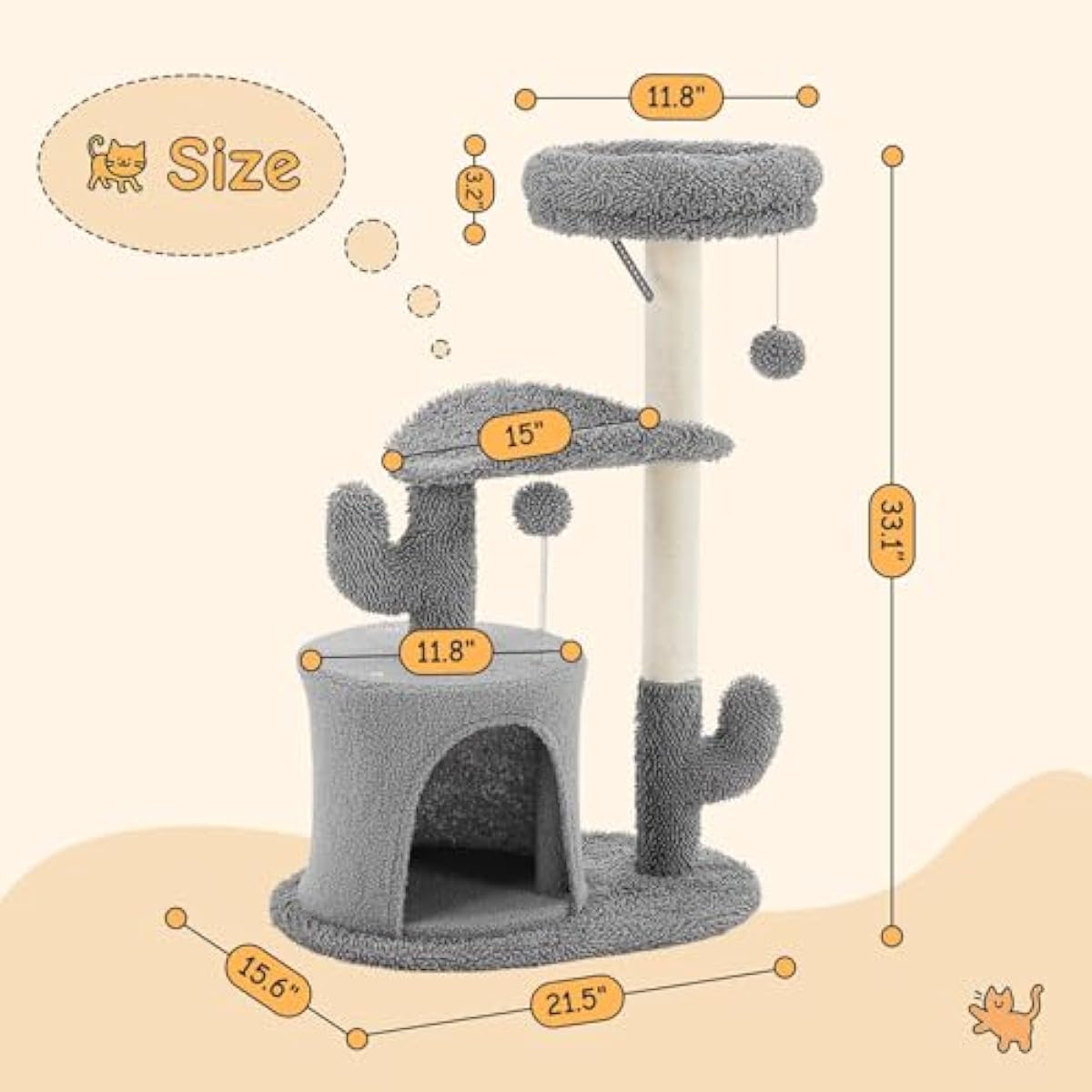 33 inch Multi-Level Cat Tree Tower with Scratching Posts, Cozy Perches and Stable Climbing Platform for Indoor Cats,Grey