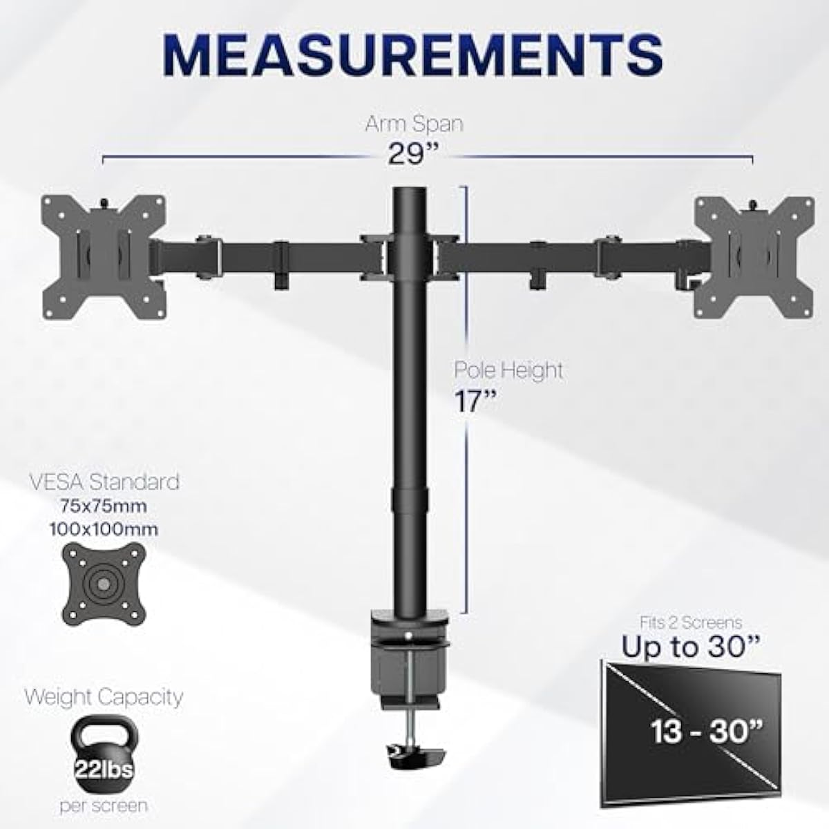 VIVO Dual Monitor Desk Mount, Holds 2 Computer Screens up to 30 inches and 22lbs Each, Heavy Duty Fully Adjustable Steel Stand with C-Clamp and Grommet, Black, STAND-V002