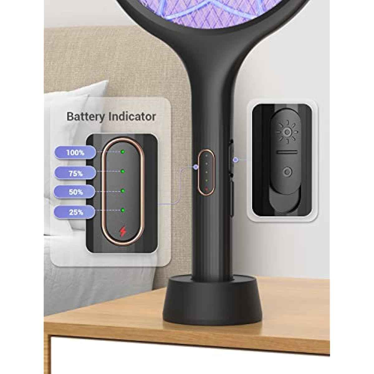 YISSVIC Electric Fly Swatter 4000V Bug Zapper Racket Dual Modes Mosquito Killer with Purple Mosquito Light Rechargeable for Indoor Home Office Backyard Patio Camping (Black-1 Pack)