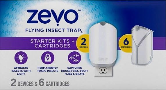 Zevo Flying Insect Trap & 3 Refill Cartridges - Plug in Fly Trap & Indoor Bug Catcher for Gnats, House & Fruit Flies - Blue & UV Light Technology, Mess-Free Alternative to Bug Zapper