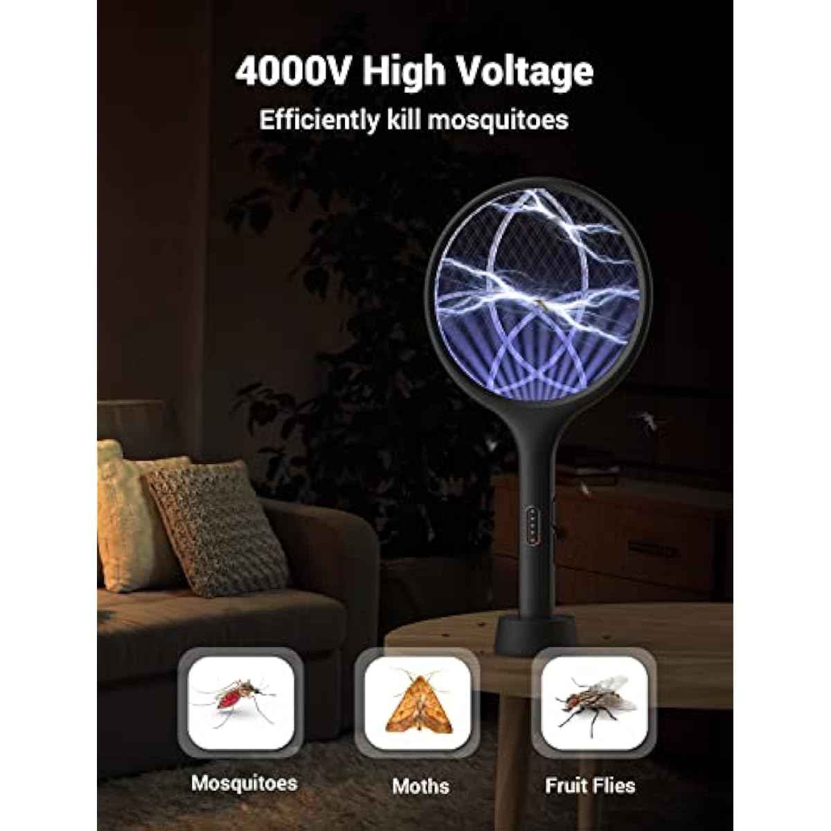 YISSVIC Electric Fly Swatter 4000V Bug Zapper Racket Dual Modes Mosquito Killer with Purple Mosquito Light Rechargeable for Indoor Home Office Backyard Patio Camping (Black-1 Pack)