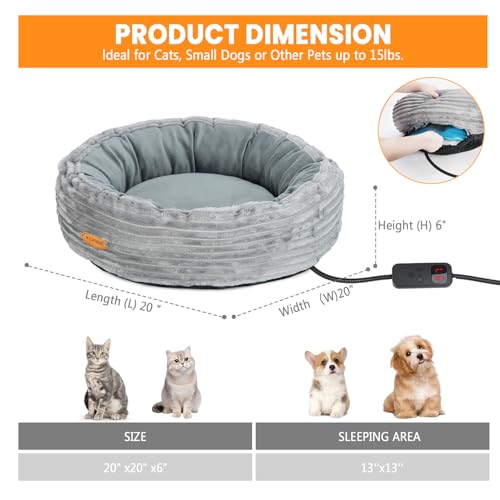 Heated Cat Bed for Indoor Cats, 20’’ Electric Cat Heated Bed Pet Warming Bed for Cats and Small Dogs, Washable Calming Round Donut Pet Bed with Heating Pad, Indoor Use