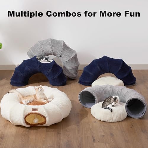Cat Tunnel Bed for Indoor Cats, Cute Cat Donut Toy Tunnel for Small Large Cats, Peekaboo Pet Cave Play Tunnel Toys for Kitten/Rabbit,Beige