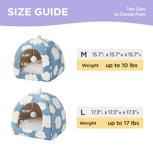 Lesure Cute Cat Beds for Indoor Cats - 2 in 1 Cat Cave Bed for Kittens and Small Pets with Removable Washable Cushioned Pillow, Cozy Kitten Tent with Non-Slip Bottom, Blue, 16 inches
