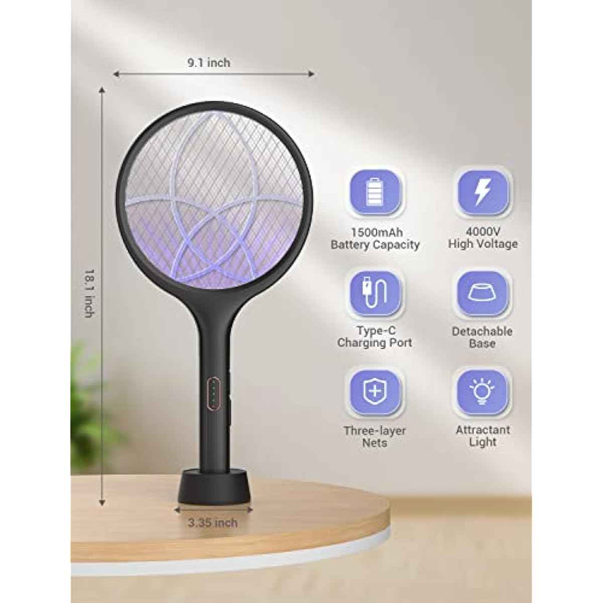 YISSVIC Electric Fly Swatter 4000V Bug Zapper Racket Dual Modes Mosquito Killer with Purple Mosquito Light Rechargeable for Indoor Home Office Backyard Patio Camping (Black-1 Pack)