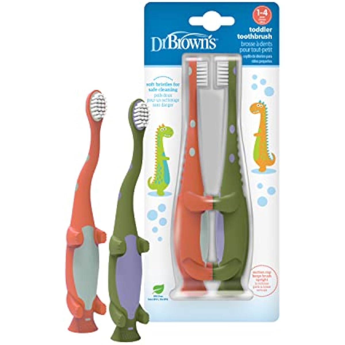 Dr. Brown's Baby and Toddler Toothbrush, Green and Orange Dinosaur 2-Pack, 1-4 Years
