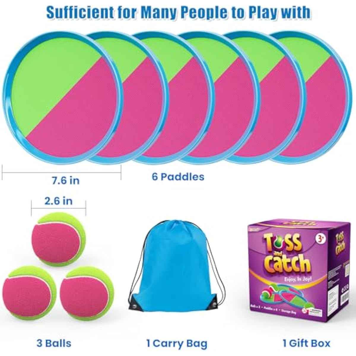 Aywewii Toss and Catch Ball Set, Boys Toys for 3 4 5 6 7 8 Year Old, Kids Sports Gifts, Outdoor Games for Backyard Camping Beach Pool Family Party, Valentines Day Gifts for Kids - 6 Paddles & 3 Balls