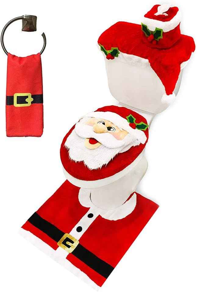 JOYIN 5 Pieces Christmas Theme Bathroom Decoration Set w/Toilet Seat Cover, Rugs, Tank Cover, Toilet Paper Box Cover and Santa Towel for Xmas Indoor DΓ©cor, Party Favors (Santa)