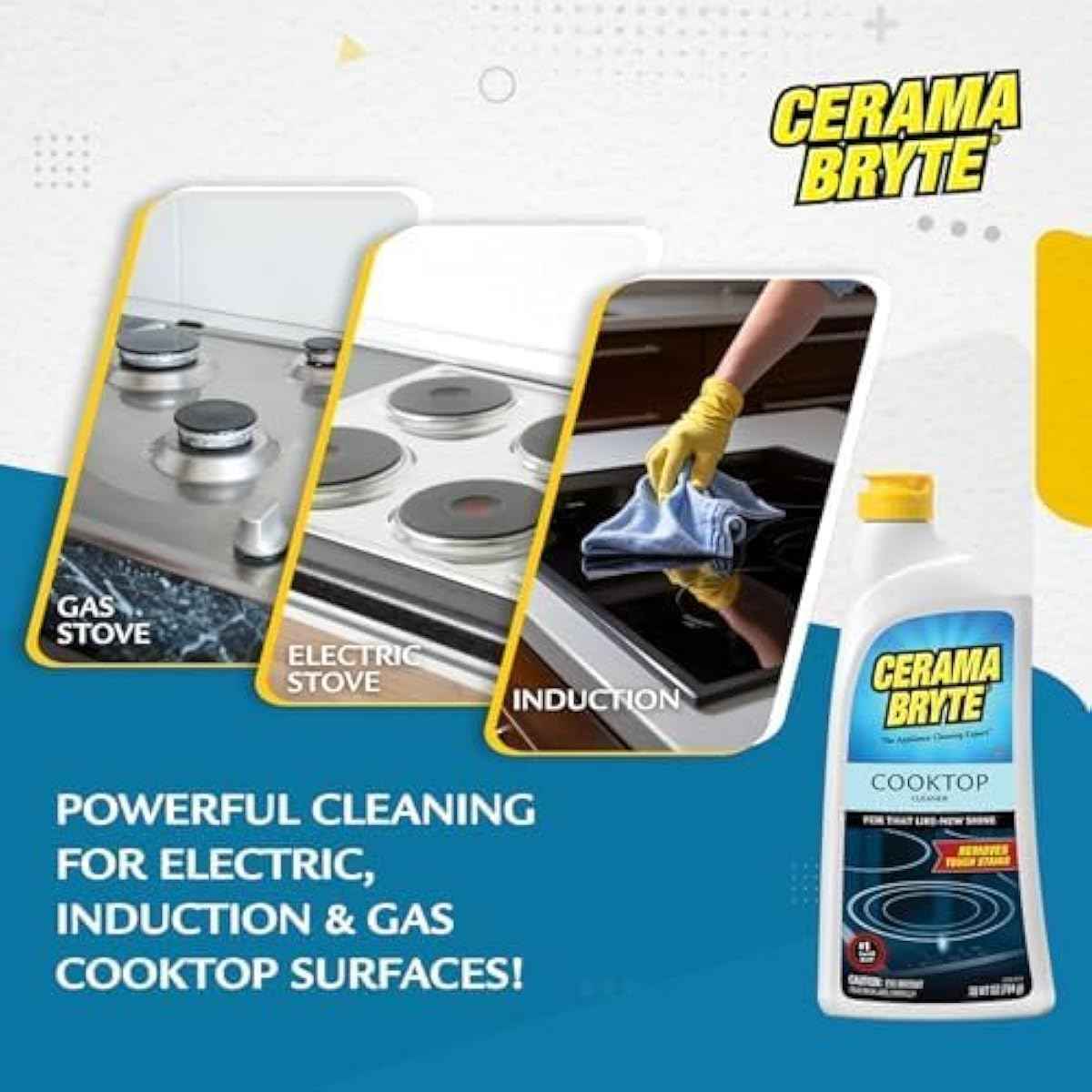 Cerama Bryte Glass Cooktop and Stove Top Cleaner Combo Kit - Includes Cleaning Tool, Razor, Scraper and 1 Pad to Remove Tough Stains - Use on Gas, Electric, Ceramic Surfaces, 10 Ounces, 4 Piece