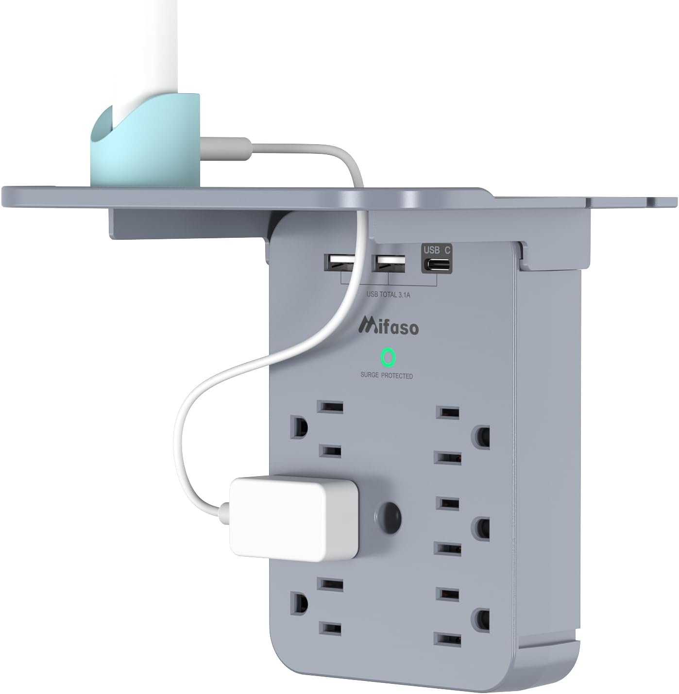 Wall Outlet Extender with Surge Protector, 6 AC Outlets, Shelf, 2 USB & USB C Charging Ports - Home & Dorm Plug Expander