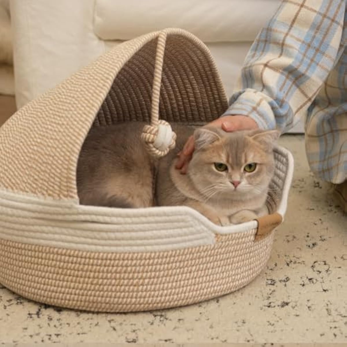 CHEERPALS Cat Basket Bed for Indoor Cats, Covered Pet Bed with Washable Cushion and Ball Rope Cotton Bed for Medium and Large Cat, All Season Universal(White)
