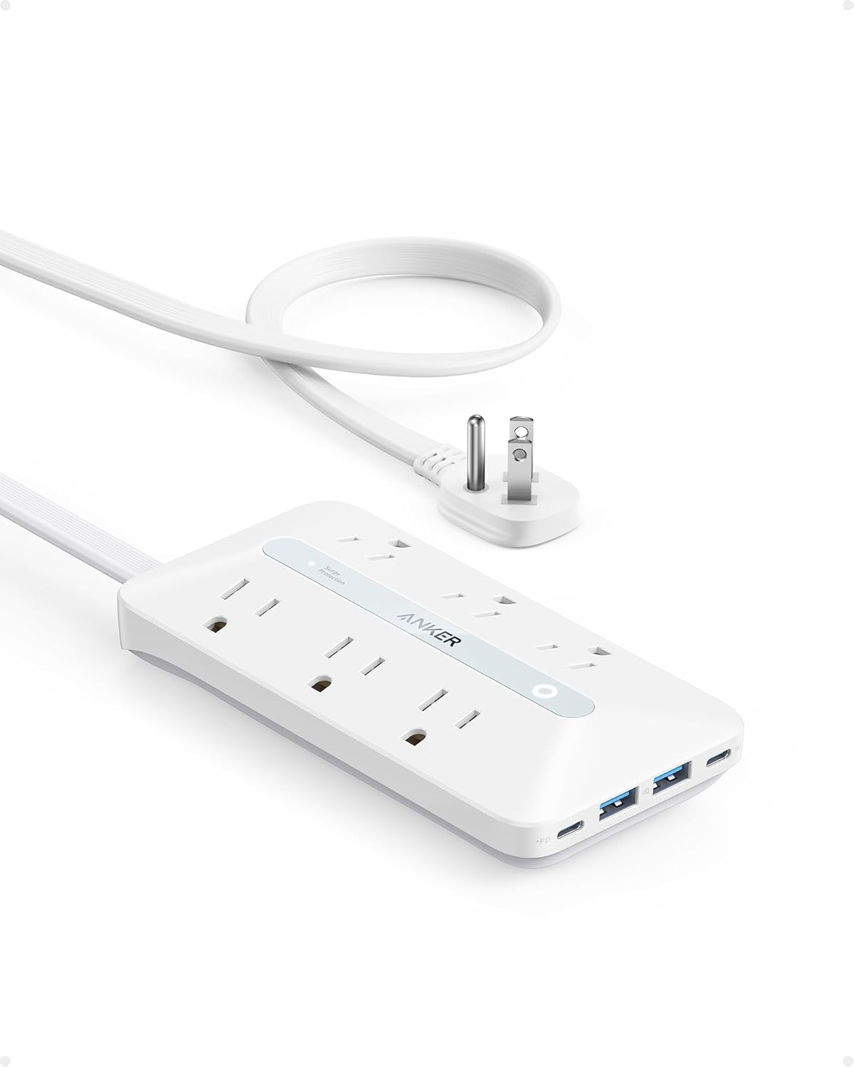 Anker 300J Flat Plug 10-in-1 Ultra Thin Power Strip with 6 AC, 2 USB-A & 2 USB-C Ports, Extension Cord, Desk Charging Station for Home, Office, College, Dorm, 5 Feet, Black