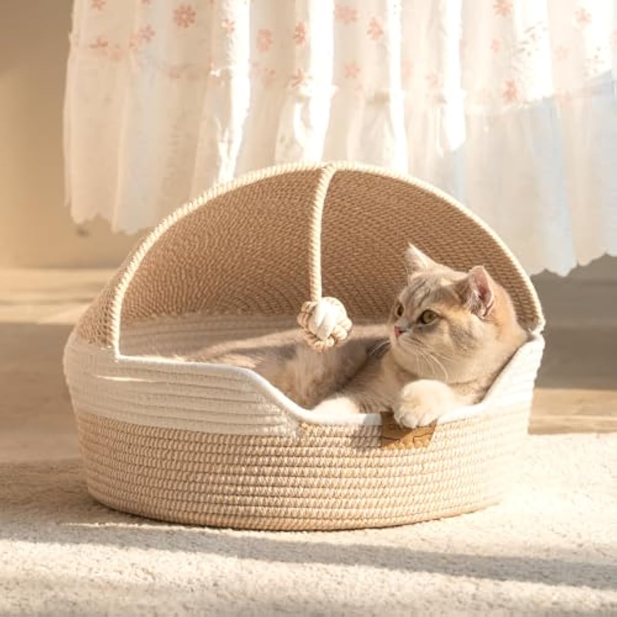 CHEERPALS Cat Basket Bed for Indoor Cats, Covered Pet Bed with Washable Cushion and Ball Rope Cotton Bed for Medium and Large Cat, All Season Universal(White)