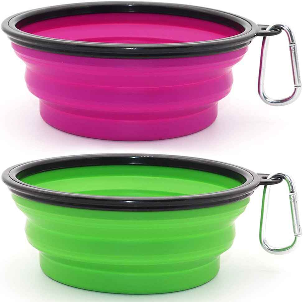 Dog Bowl Pet Collapsible Bowls, 2 Pack for Cats Dogs, Portable Pet Feeding Watering Dish for Walking Parking Traveling with 2 Carabiners (Small, Blue+Green)
