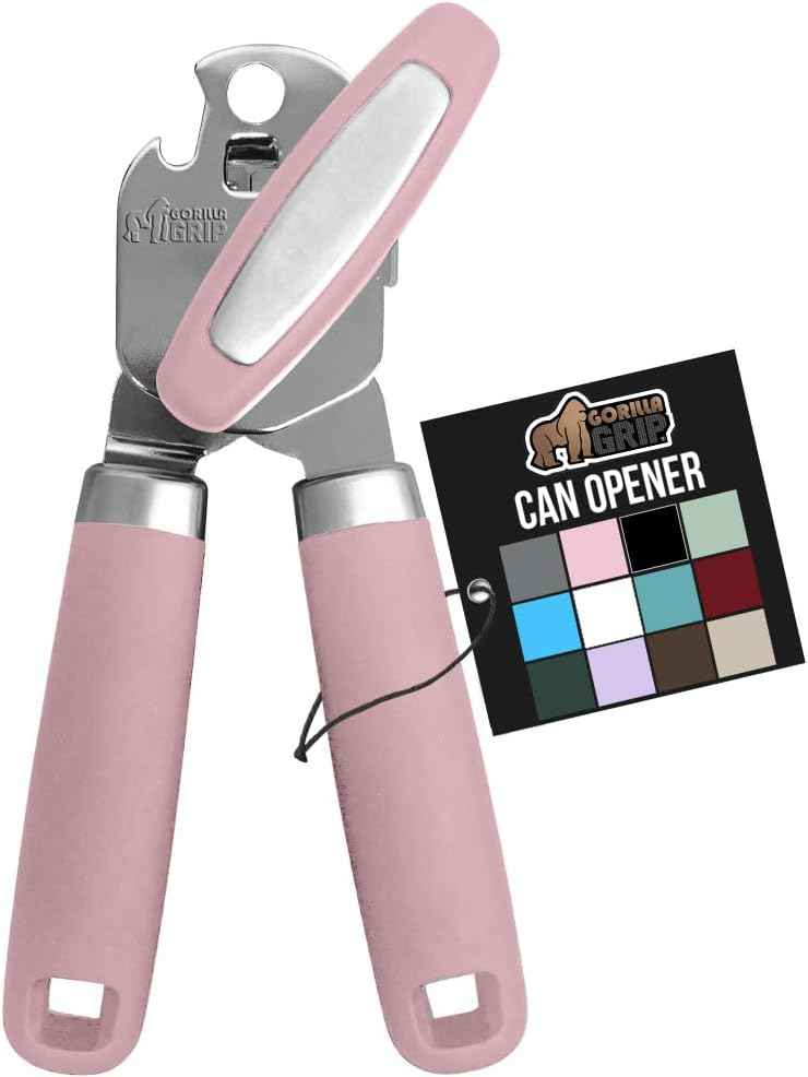 GORILLA GRIP Heavy Duty Stainless Steel Smooth Edge Manual Can Opener and Bottle Openers, Soft Comfortable Handle, Oversized Handheld Turn Knob, US Designed Multifunctional Kitchen Tool, Black