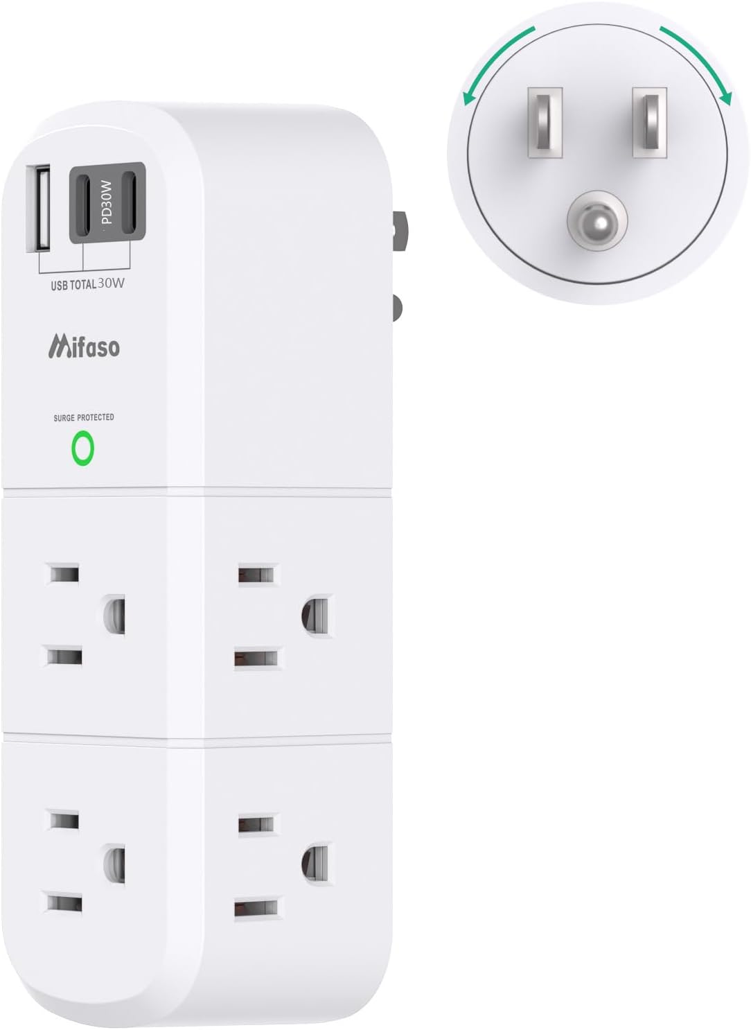 Mifaso Outlet Extender with Rotating Plug – 6 AC Outlets & 3 USB Ports, 1800J Surge Protector 3-Sided Swivel Wall Power Strip for Home & Travel