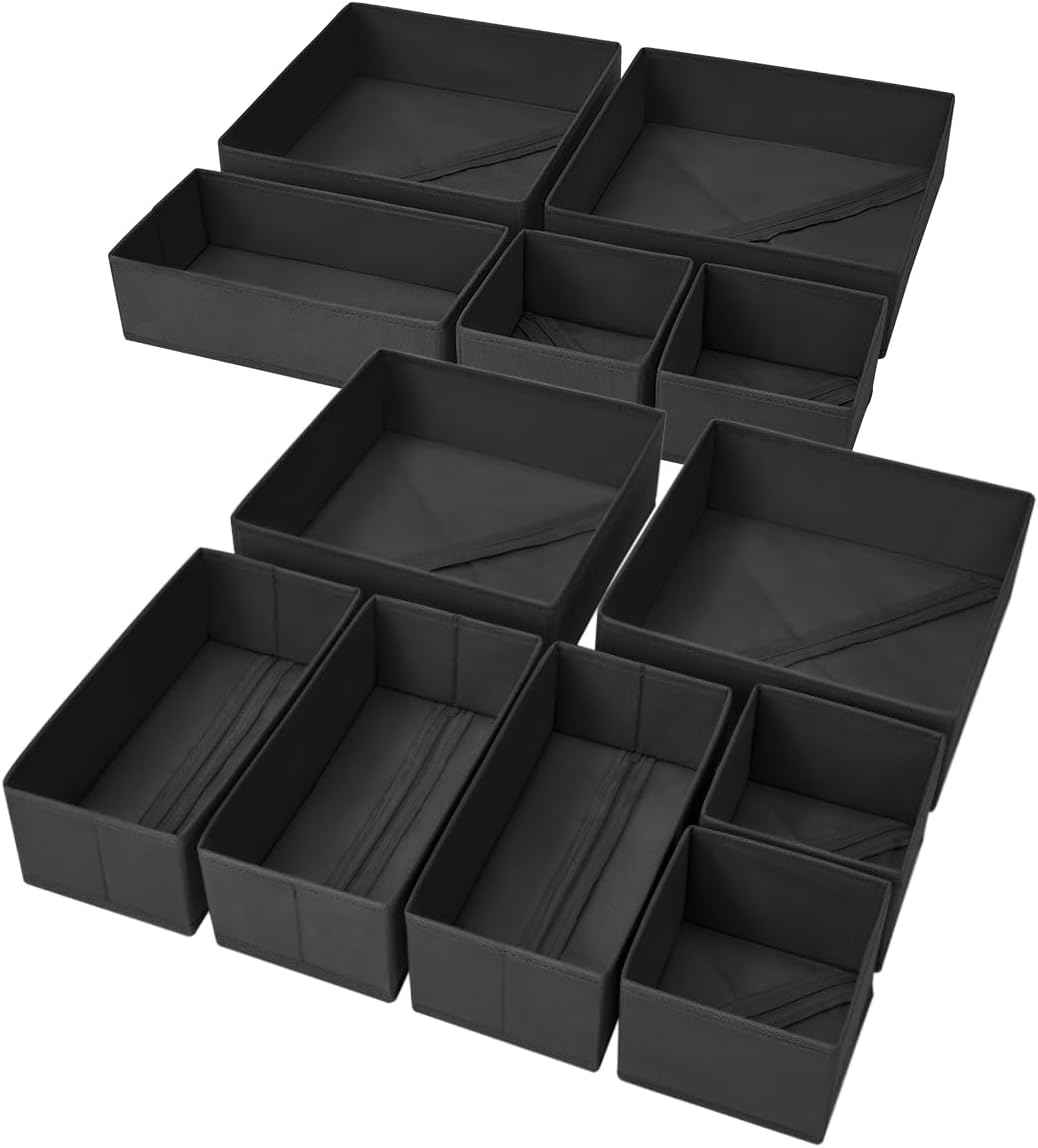 DIMJ Drawer Organizer Clothes, 12 Pack Dresser Organizer, Foldable Closet Organizers and Storage, Fabric Dresser Bins, Drawer Dividers for Nursery, Baby Clothes, Underwears, Sock (Beige)