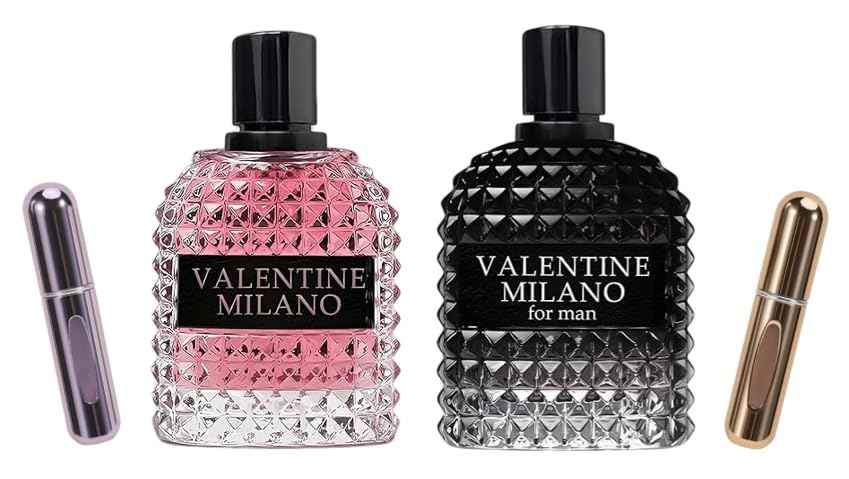 Valentine Milano Couple Set Perfume Gift Set for Women/Men EDP – (100ml x2) Amber Floral & Oriental Scents, Cologne with a Modern Twist Elegant, Plus 2 Refillable 5ml Travel Spray Bottles.
