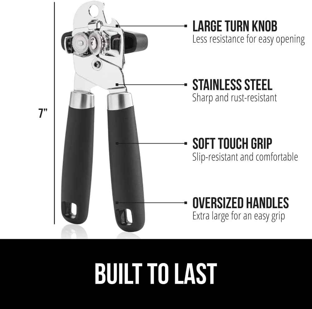 GORILLA GRIP Heavy Duty Stainless Steel Smooth Edge Manual Can Opener and Bottle Openers, Soft Comfortable Handle, Oversized Handheld Turn Knob, US Designed Multifunctional Kitchen Tool, Black