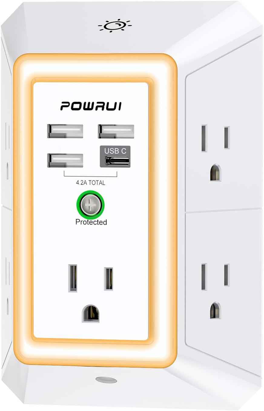 POWRUI Multi Plug 6 Outlet Surge Protector Extender with 3 USB Ports (1 USB C) and Night Light, 3-Sided Power Strip with Adapter Spaced Outlets, ETL Listed, White