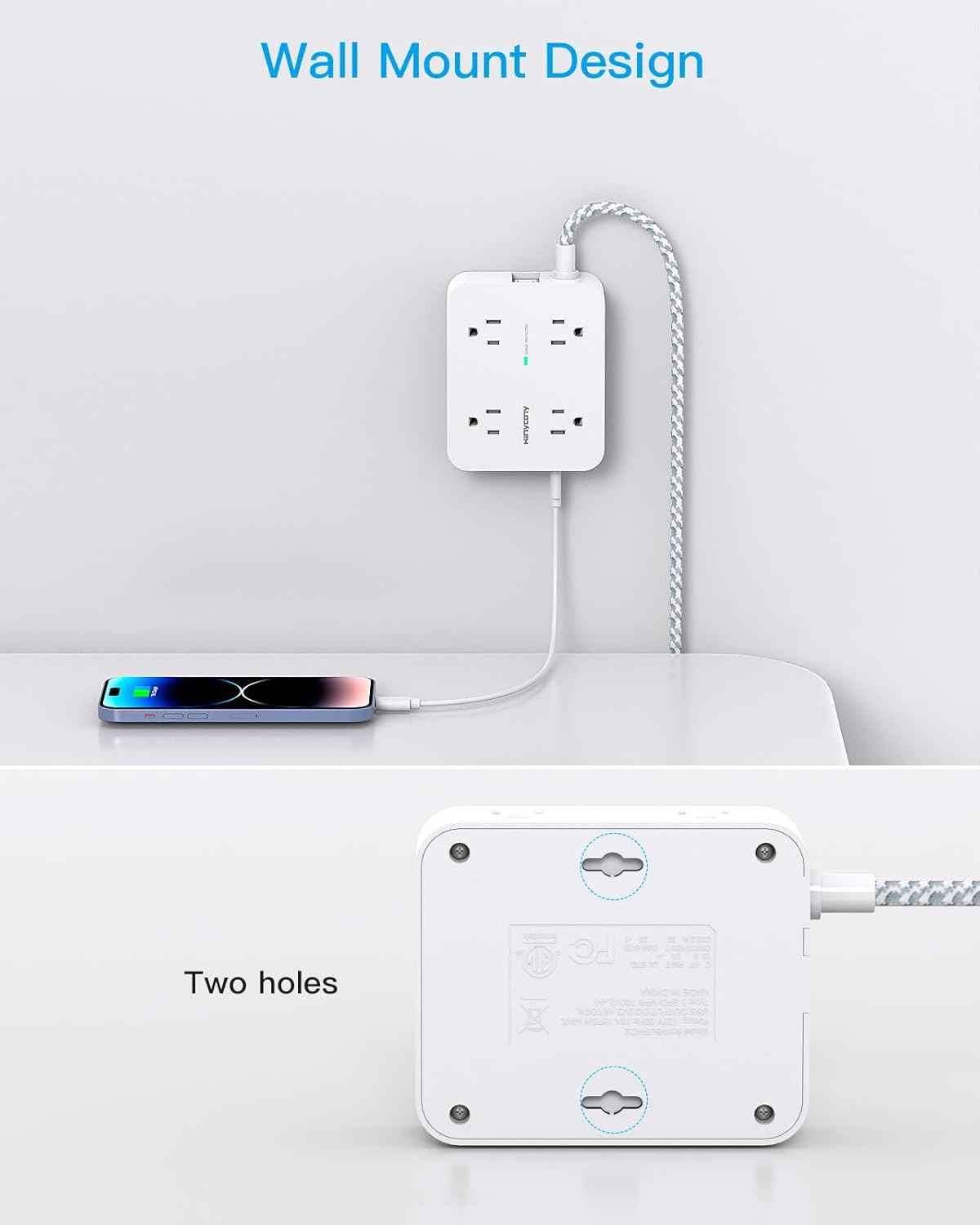 Surge Protector Power Strip - HANYCONY 8 Outlets 4 USB (2 USB C) Charging Ports, Multi Plug Outlet Extender, 5Ft Braided Extension Cord, Flat Plug Wall Mount Desk Charging Station for Home Office ETL