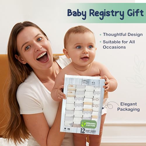 Mother's Choice Organic Cotton Baby Socks Infant 0-6 Months - 12 pairs Soft, Cozy, and Gentle Newborn Socks for Girls & Boys, Perfect Baby Registry for Everyday Wear, and Infant Comfort
