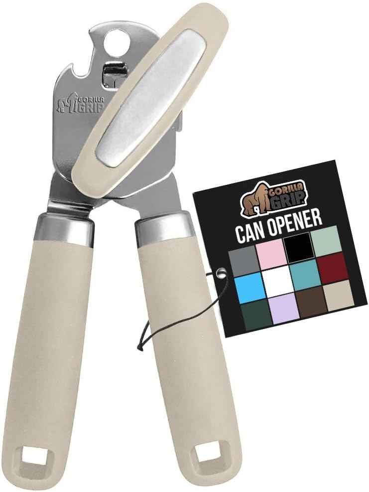 GORILLA GRIP Heavy Duty Stainless Steel Smooth Edge Manual Can Opener and Bottle Openers, Soft Comfortable Handle, Oversized Handheld Turn Knob, US Designed Multifunctional Kitchen Tool, Black