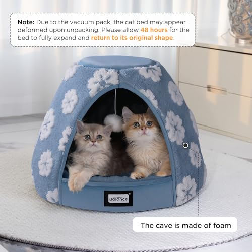 balance 2-in-1 cat bed cave with anti-slip bottom and ultra-soft plush blue 19 inches