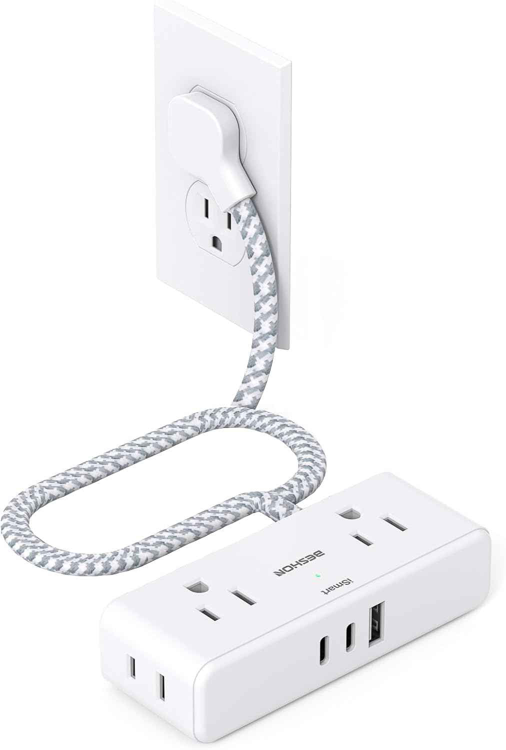 Flat Extension Cord 6 feet, Flat Plug Power Strip, 4 Widely Outlets with 3 USB Ports (2 USB C), 3 Side Outlet Extender with Extension Cord with Multiple Outlets for Home, Office, Dorm Room Essentials