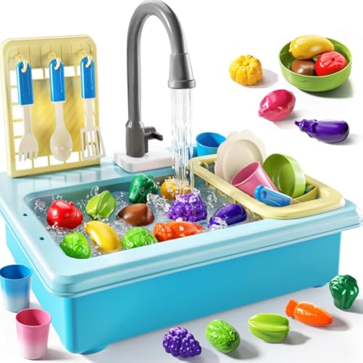 Play Sink with Running Water, Play Kitchen Toys Sink for Kids 3 4 5 6 7 Years Old, Electrical Dishwasher, Color Changing Kitchen Accessories, Dishes Games, Gifts for Toddlers 3-5