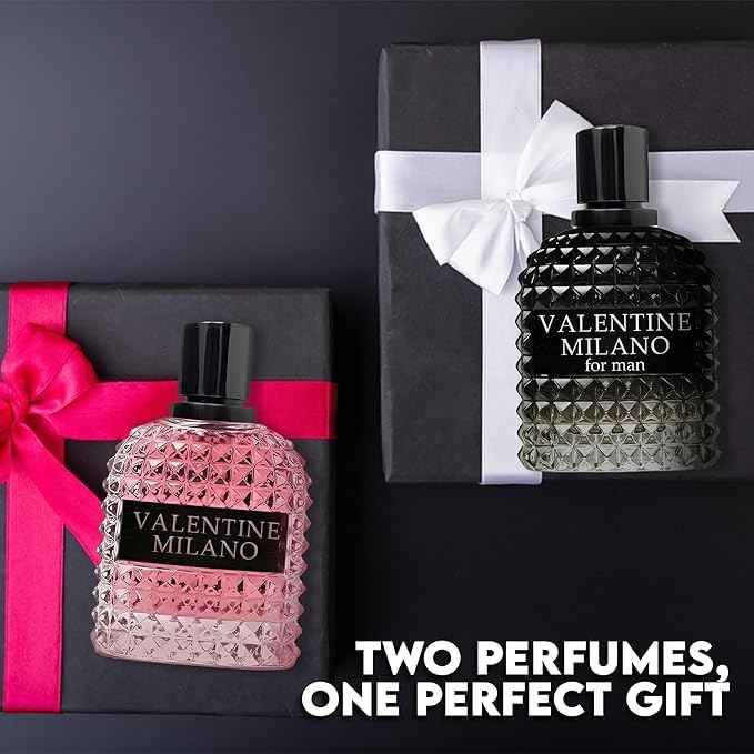 Valentine Milano Couple Set Perfume Gift Set for Women/Men EDP – (100ml x2) Amber Floral & Oriental Scents, Cologne with a Modern Twist Elegant, Plus 2 Refillable 5ml Travel Spray Bottles.