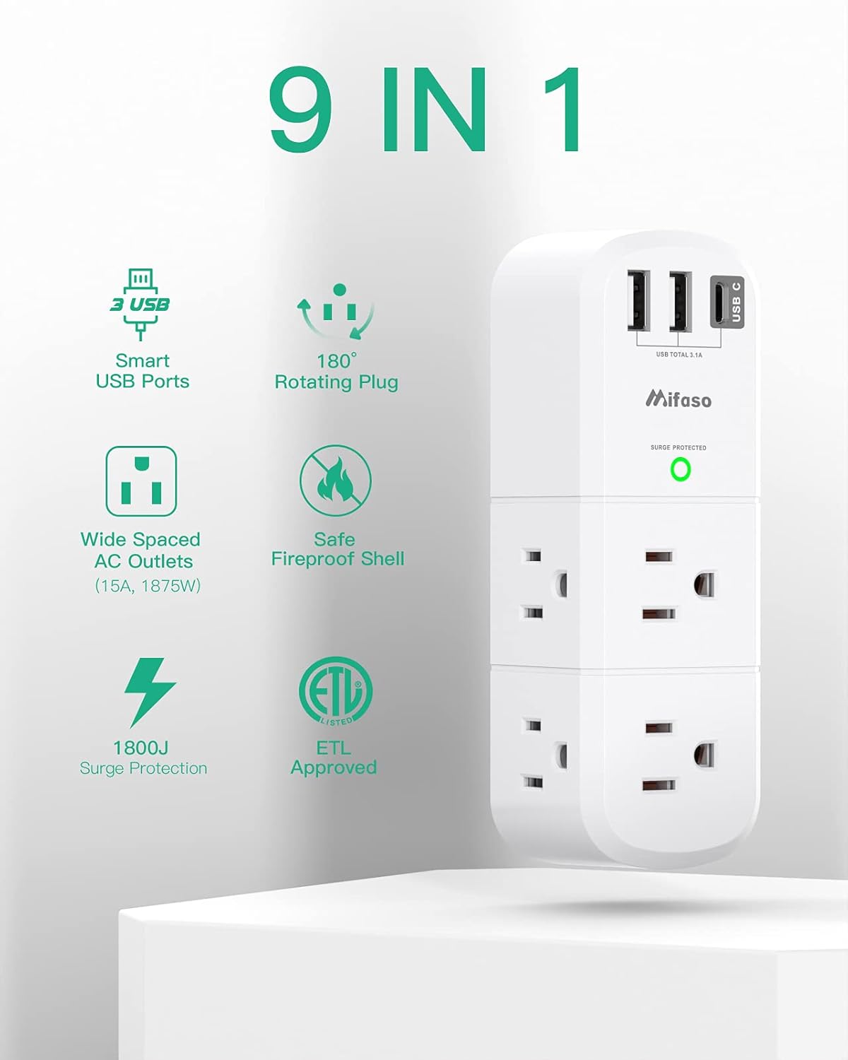 Mifaso Outlet Extender with Rotating Plug – 6 AC Outlets & 3 USB Ports, 1800J Surge Protector 3-Sided Swivel Wall Power Strip for Home & Travel