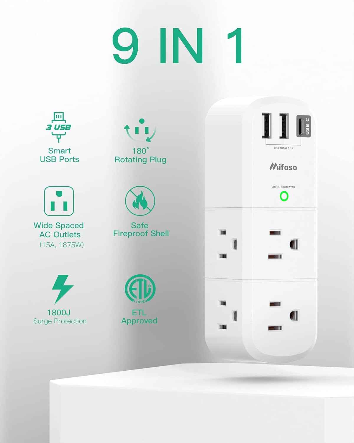 Outlet Extender with Rotating Plug, Mifaso Surge Protector 6 AC Multi Plug Wall Outlets and 3 USB Ports, 1800 Joules, 3-Sided Swivel Power Strip Spaced Splitter for Home, Travel, Dorm Room Essentials