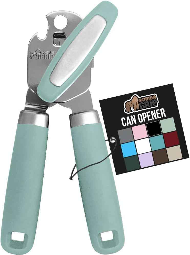 GORILLA GRIP Heavy Duty Stainless Steel Smooth Edge Manual Can Opener and Bottle Openers, Soft Comfortable Handle, Oversized Handheld Turn Knob, US Designed Multifunctional Kitchen Tool, Black