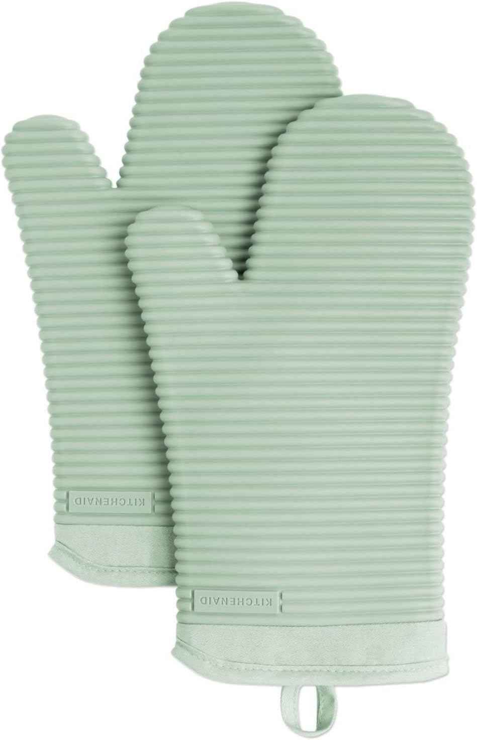 KITCHENAID Ribbed Soft Silicone Oven Mitt 2-Pack Set, 7.5"x13", Milkshake