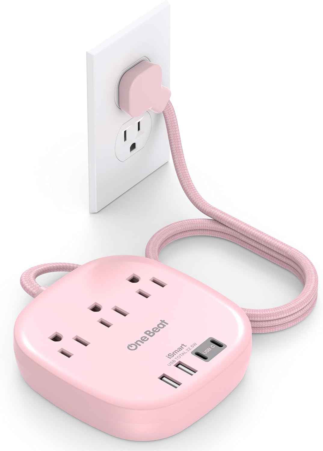 Flat Plug Power Strip, 5ft Ultra Flat Extension Cord - 3 Outlets 4 USB Ports (2 USB C) 22.5W/4.5A Desktop Charging Station, No Surge Protection for Cruise Ship, Dorm Room Travel Essentials