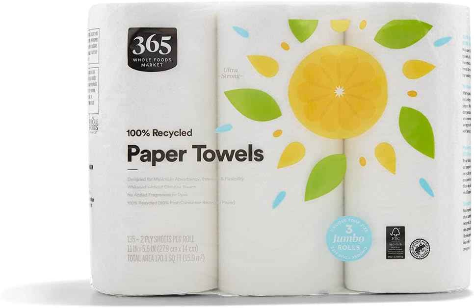 365 by Whole Foods Market, 100% Recycled Jumbo Paper Towels, Ultra-Strong, 135 Sheets per Roll, 1 Count