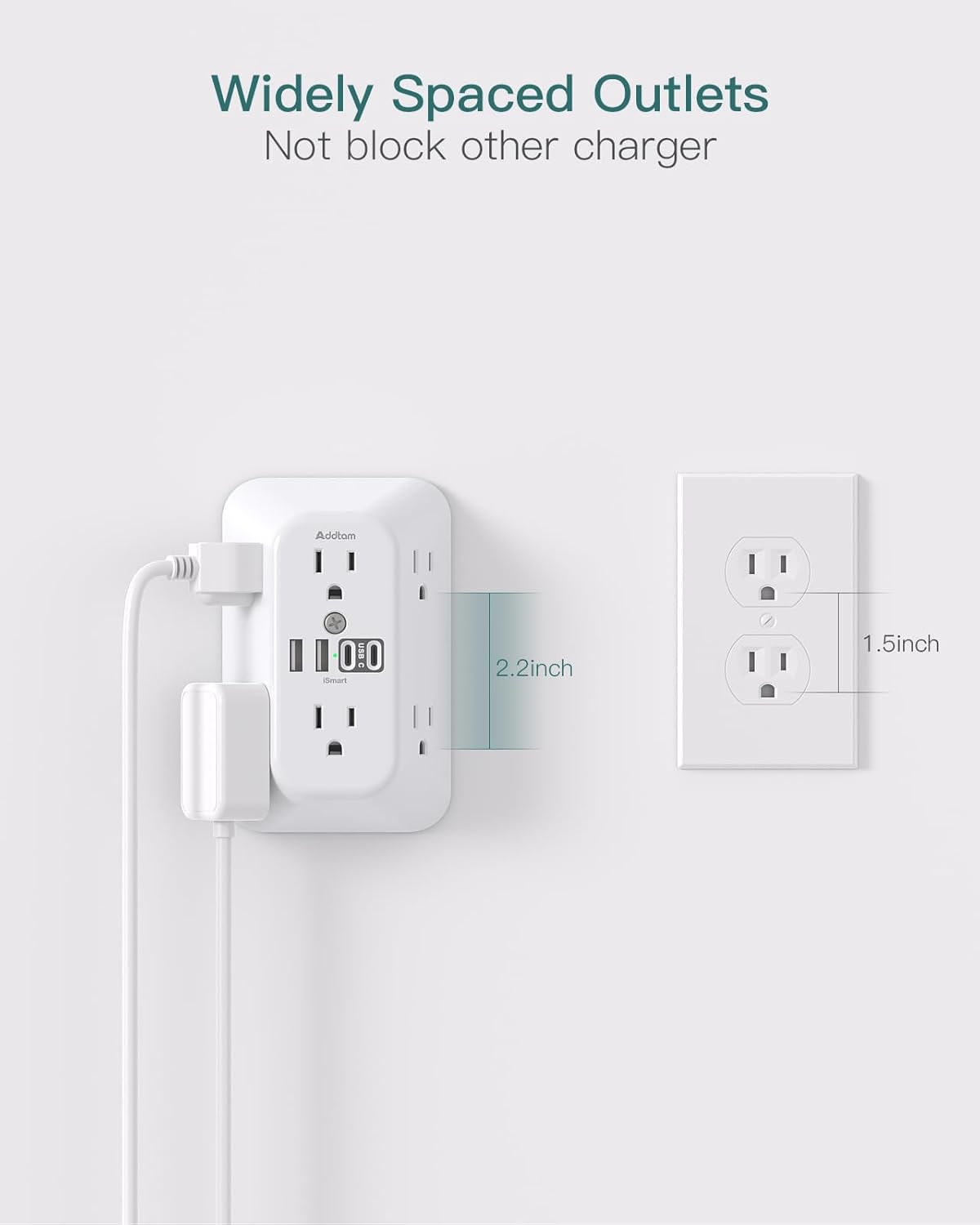 Addtam Surge Protector Outlet Extender, 6-Outlet Splitter with 4 USB Wall Charger(2 USB-C Ports), Multi Plug Wall Outlet 1800J Power Strip for Home Office Dorm Room Essentials