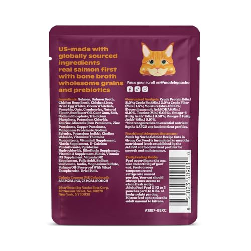 Made by Nacho Wet Cat Food, Cuts in Gravy, Sustainably-Caught Salmon with Bone Broth for Extra Hydration, (12) 3 oz. Pouches, Limited Ingredients