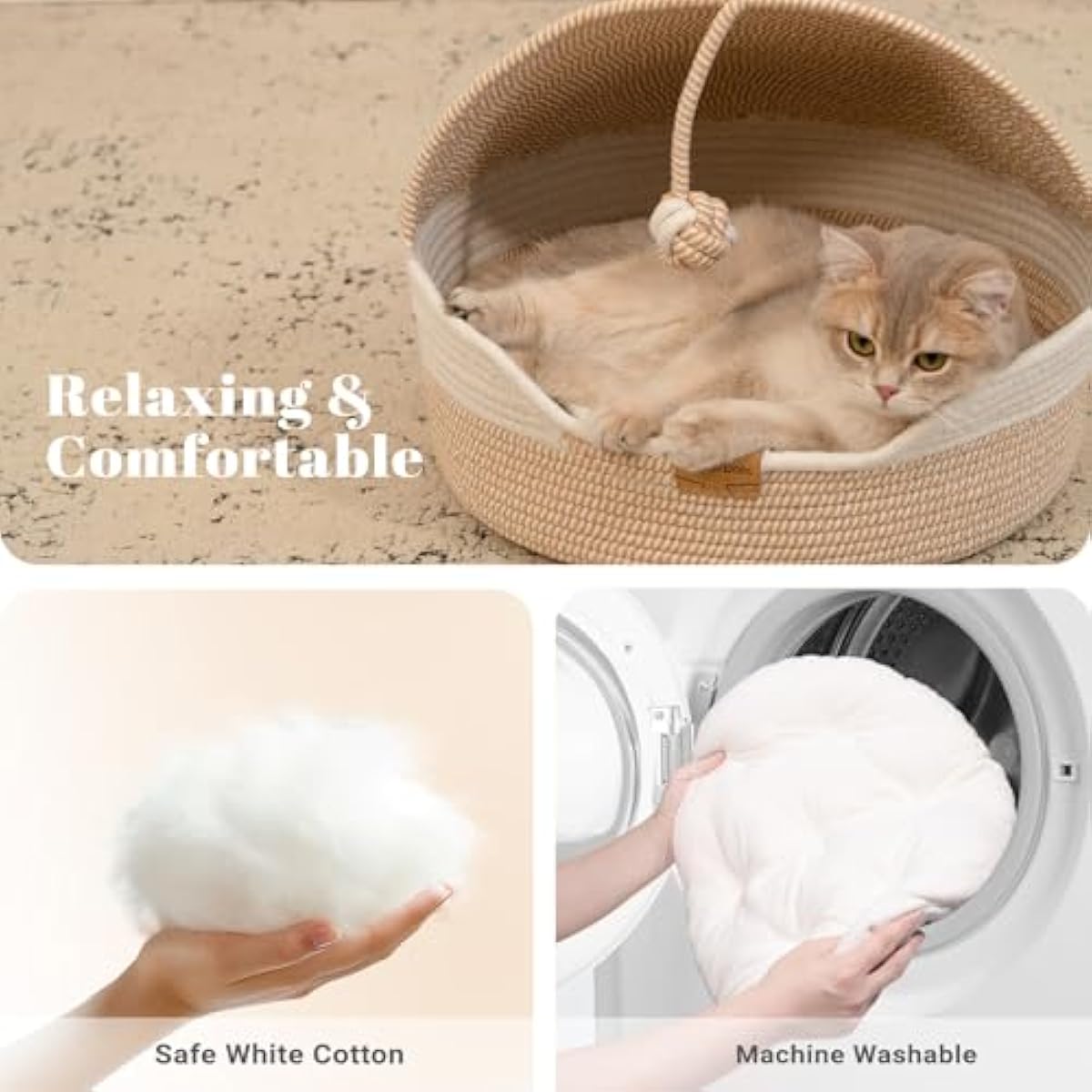 CHEERPALS Cat Basket Bed for Indoor Cats, Covered Pet Bed with Washable Cushion and Ball Rope Cotton Bed for Medium and Large Cat, All Season Universal(White)