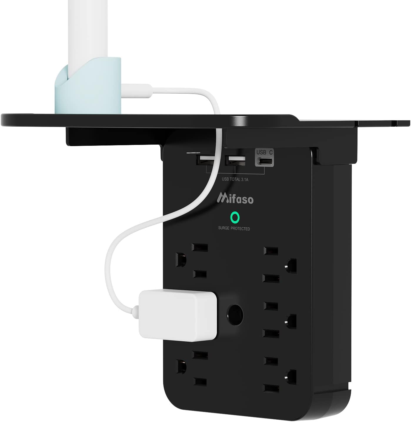 Wall Outlet Extender with Surge Protector, 6 AC Outlets, Shelf, 2 USB & USB C Charging Ports - Home & Dorm Plug Expander