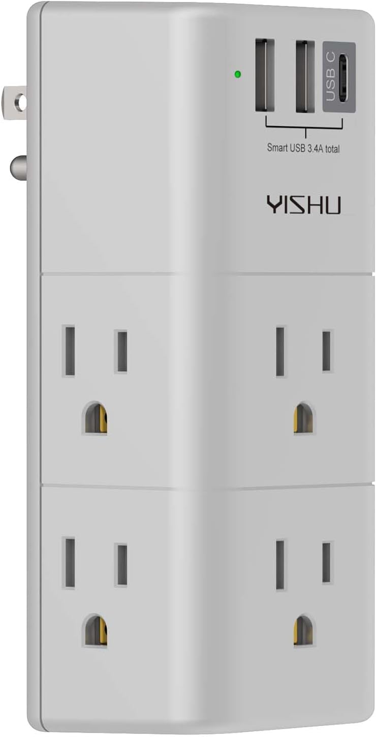 USB Multi Plug Outlet Extender - YISHU Surge Protector with Rotating Plug, 6 AC Plug Extender with 3 USB Ports, 3-Sided Swivel Power Strip Best Ideal Stocking Stuffers for Adults