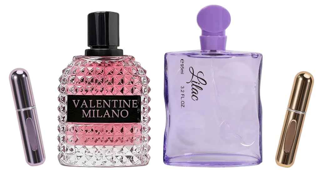 Valentine Milano Couple Set Perfume Gift Set for Women/Men EDP – (100ml x2) Amber Floral & Oriental Scents, Cologne with a Modern Twist Elegant, Plus 2 Refillable 5ml Travel Spray Bottles.